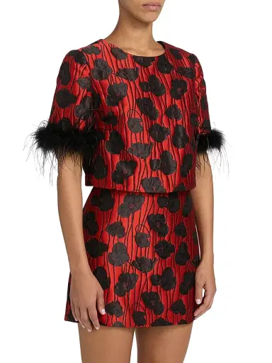 Milly Women's Ruthe Poppy Jacquard Feather-Trimmed Top - Red Black - Size XS | Thumbnail 4 Milly Women's Ruthe Poppy Jacquard Feather-Trimmed Top - Red Black - Size XS | Thumbnail 4