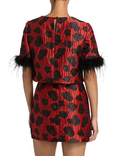 Milly Women's Ruthe Poppy Jacquard Feather-Trimmed Top - Red Black - Size XS | Thumbnail 5 Milly Women's Ruthe Poppy Jacquard Feather-Trimmed Top - Red Black - Size XS | Thumbnail 5