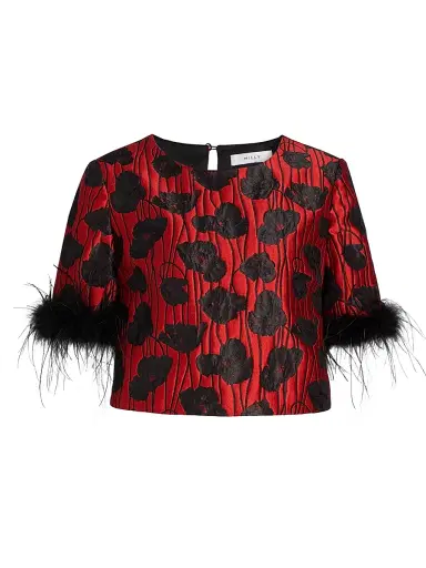 Milly Women's Ruthe Poppy Jacquard Feather-Trimmed Top - Red Black - Size XS | Thumbnail 1 Milly Women's Ruthe Poppy Jacquard Feather-Trimmed Top - Red Black - Size XS | Thumbnail 1