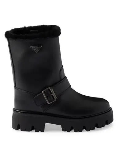 Prada Women's Leather and Shearling Booties - Black | Thumbnail 1 Prada Women's Leather and Shearling Booties - Black | Thumbnail 1