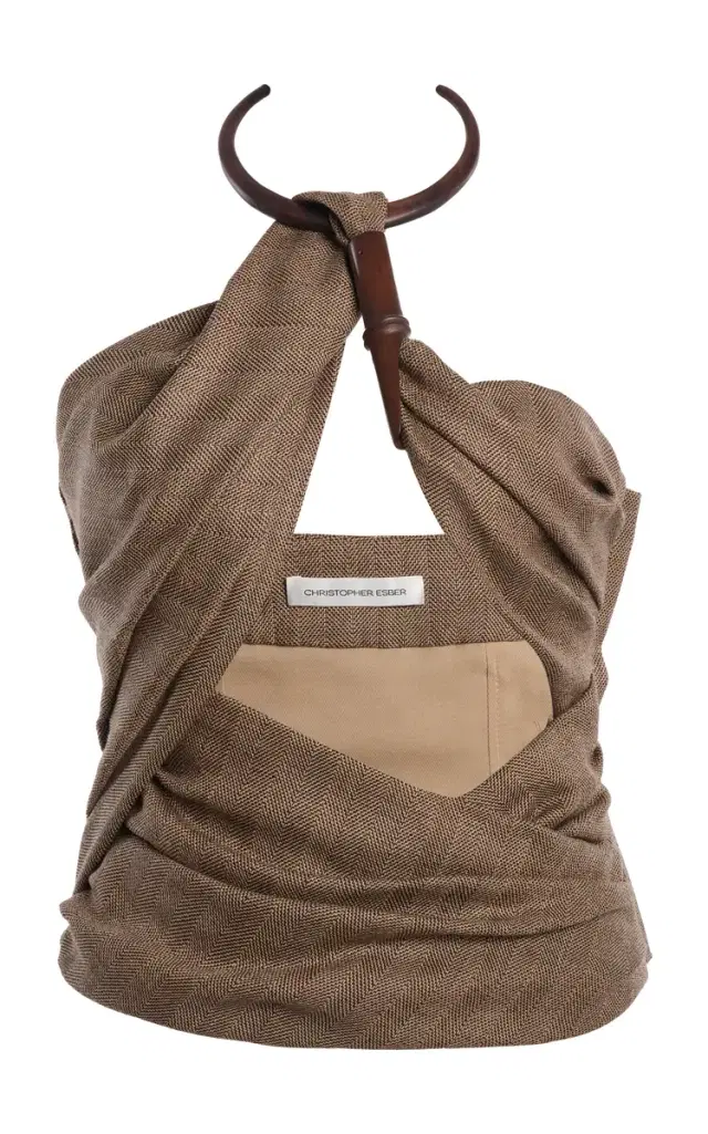Wood-Detailed Draped Wool Herringbone Top Wood-Detailed Draped Wool Herringbone Top