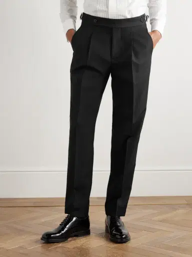 Brunello Cucinelli Tapered Pleated Satin-Trimmed Silk, Wool and Mohair-Blend Trousers - Men | Thumbnail 3 Brunello Cucinelli Tapered Pleated Satin-Trimmed Silk, Wool and Mohair-Blend Trousers - Men | Thumbnail 3