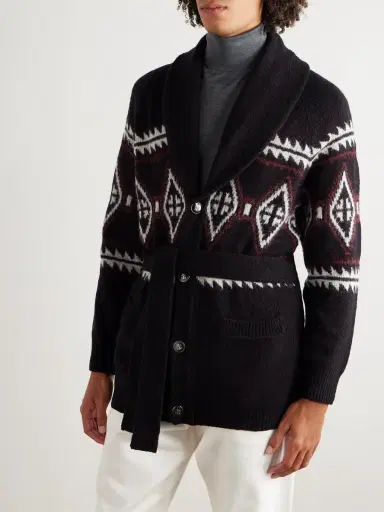 Brunello Cucinelli Shawl-Collar Belted Jacquard-Knit Wool, Silk and Cashmere-Blend Cardigan - Men | Thumbnail 3 Brunello Cucinelli Shawl-Collar Belted Jacquard-Knit Wool, Silk and Cashmere-Blend Cardigan - Men | Thumbnail 3
