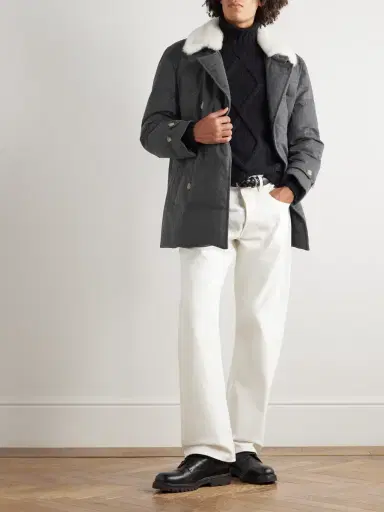 Brunello Cucinelli Double-Breasted Shearling-Trimmed Quilted Wool Down Jacket - Men | Thumbnail 2 Brunello Cucinelli Double-Breasted Shearling-Trimmed Quilted Wool Down Jacket - Men | Thumbnail 2