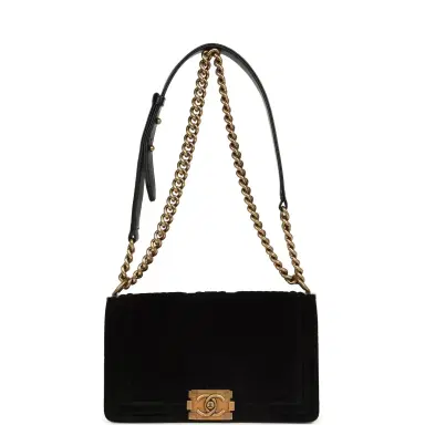 Chanel Pre-owned Chanel Medium Boy Bag Black Chevron Velvet Antique Gold Hardware | Thumbnail 7 Chanel Pre-owned Chanel Medium Boy Bag Black Chevron Velvet Antique Gold Hardware | Thumbnail 7