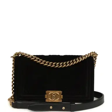 Chanel Pre-owned Chanel Medium Boy Bag Black Chevron Velvet Antique Gold Hardware | Thumbnail 1 Chanel Pre-owned Chanel Medium Boy Bag Black Chevron Velvet Antique Gold Hardware | Thumbnail 1