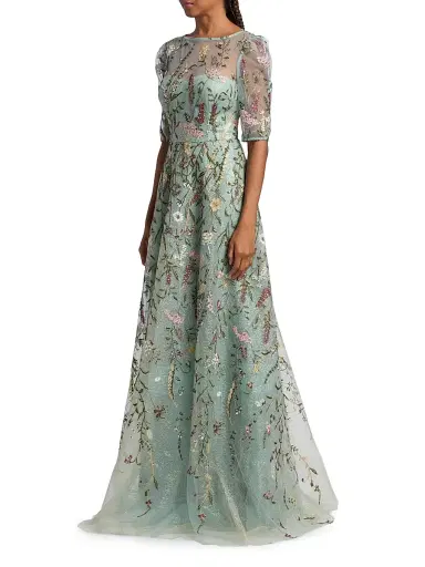 Teri Jon by Rickie Freeman Women's Floral Embroidered Tulle Gown - Sage Multi | Thumbnail 4 Teri Jon by Rickie Freeman Women's Floral Embroidered Tulle Gown - Sage Multi | Thumbnail 4