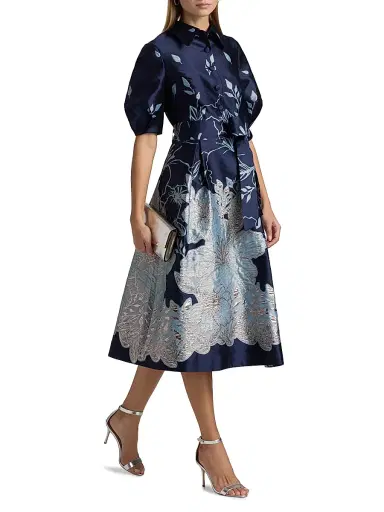Teri Jon by Rickie Freeman Women's Metallic Jacquard Tie-Waist Fit & Flare Midi-Dress - Navy Multi | Thumbnail 2 Teri Jon by Rickie Freeman Women's Metallic Jacquard Tie-Waist Fit & Flare Midi-Dress - Navy Multi | Thumbnail 2