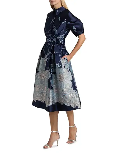 Teri Jon by Rickie Freeman Women's Metallic Jacquard Tie-Waist Fit & Flare Midi-Dress - Navy Multi | Thumbnail 4 Teri Jon by Rickie Freeman Women's Metallic Jacquard Tie-Waist Fit & Flare Midi-Dress - Navy Multi | Thumbnail 4