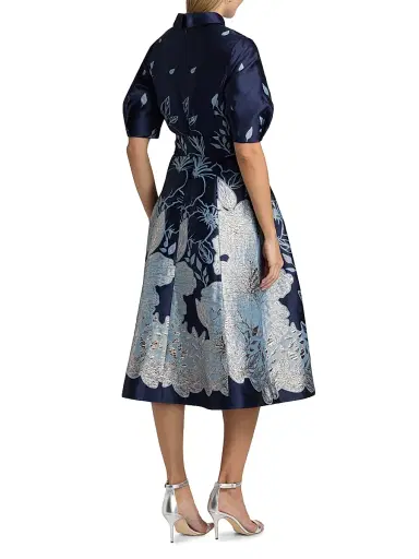 Teri Jon by Rickie Freeman Women's Metallic Jacquard Tie-Waist Fit & Flare Midi-Dress - Navy Multi | Thumbnail 5 Teri Jon by Rickie Freeman Women's Metallic Jacquard Tie-Waist Fit & Flare Midi-Dress - Navy Multi | Thumbnail 5