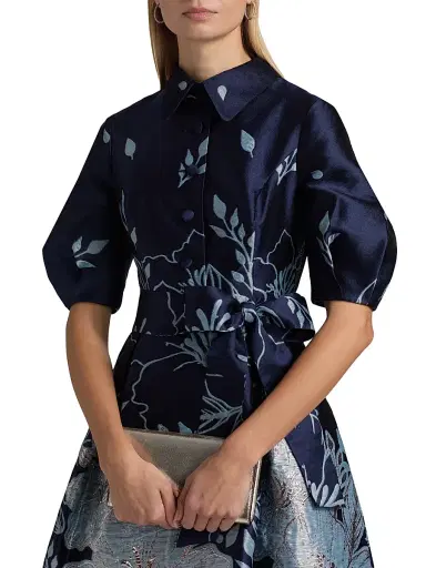 Teri Jon by Rickie Freeman Women's Metallic Jacquard Tie-Waist Fit & Flare Midi-Dress - Navy Multi | Thumbnail 6 Teri Jon by Rickie Freeman Women's Metallic Jacquard Tie-Waist Fit & Flare Midi-Dress - Navy Multi | Thumbnail 6