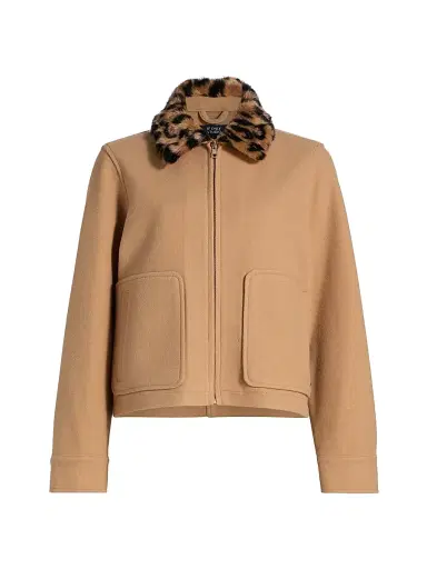 If Only Studio Women's Leopard-Print Collar Faux-Wool Jacket | Thumbnail 1 If Only Studio Women's Leopard-Print Collar Faux-Wool Jacket | Thumbnail 1