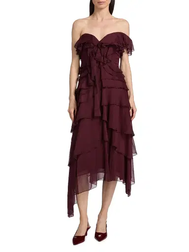 AMUR Women's Emaline Chiffon Cascade Off-The-Shoulder Midi-Dress - Pinot Nior | Thumbnail 3 AMUR Women's Emaline Chiffon Cascade Off-The-Shoulder Midi-Dress - Pinot Nior | Thumbnail 3