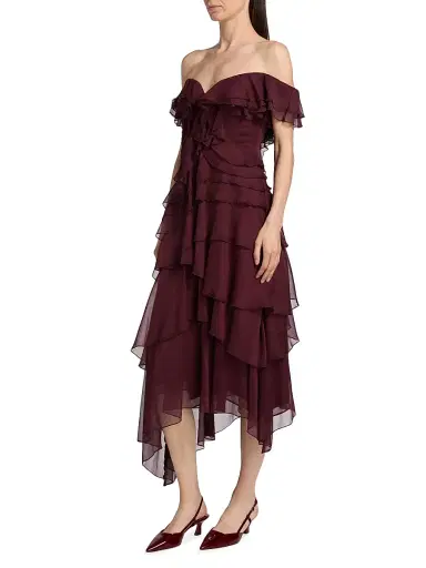 AMUR Women's Emaline Chiffon Cascade Off-The-Shoulder Midi-Dress - Pinot Nior | Thumbnail 4 AMUR Women's Emaline Chiffon Cascade Off-The-Shoulder Midi-Dress - Pinot Nior | Thumbnail 4