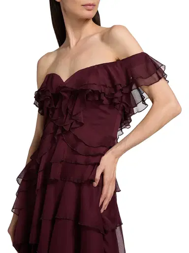 AMUR Women's Emaline Chiffon Cascade Off-The-Shoulder Midi-Dress - Pinot Nior | Thumbnail 6 AMUR Women's Emaline Chiffon Cascade Off-The-Shoulder Midi-Dress - Pinot Nior | Thumbnail 6