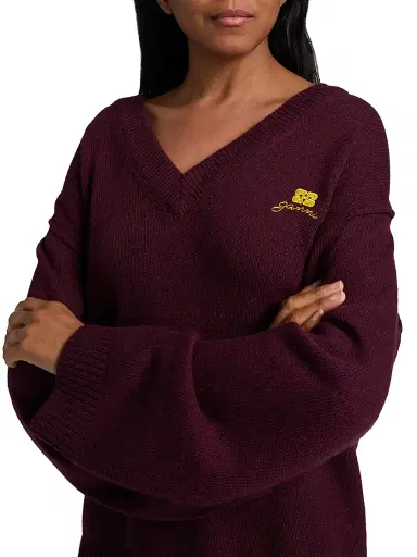 Ganni Women's Core Future Wool-Blend V-Neck Sweater - Burgundy | Thumbnail 6 Ganni Women's Core Future Wool-Blend V-Neck Sweater - Burgundy | Thumbnail 6