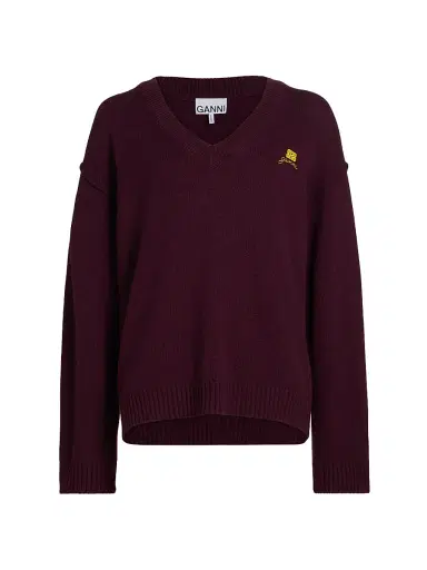Ganni Women's Core Future Wool-Blend V-Neck Sweater - Burgundy | Thumbnail 1 Ganni Women's Core Future Wool-Blend V-Neck Sweater - Burgundy | Thumbnail 1