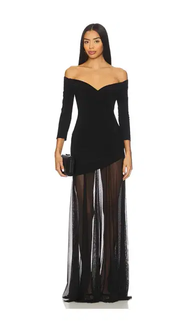 Norma Kamali Off Shoulder Sweetheart Combo Flared Gown | Thumbnail 1 Norma Kamali Off Shoulder Sweetheart Combo Flared Gown | Thumbnail 1