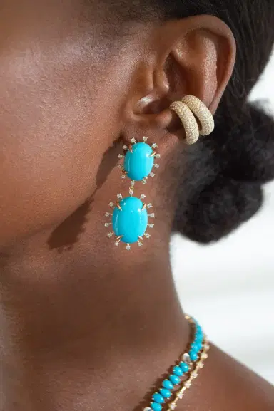 Wish Fine Jewelry 44ct Diamond Arizona Turquoise 18K Gold Sunburst Dangle Drop Earrings | Thumbnail 2 Wish Fine Jewelry 44ct Diamond Arizona Turquoise 18K Gold Sunburst Dangle Drop Earrings | Thumbnail 2