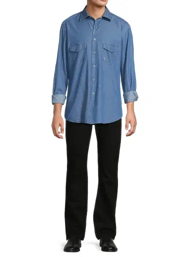 Stefano Ricci Men's Cotton Chambray Snap-Front Shirt - Light Wash Blue | Thumbnail 2 Stefano Ricci Men's Cotton Chambray Snap-Front Shirt - Light Wash Blue | Thumbnail 2