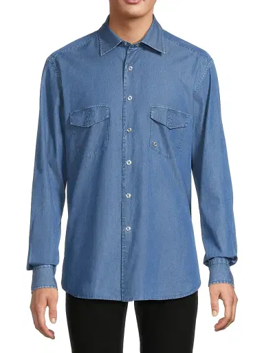 Stefano Ricci Men's Cotton Chambray Snap-Front Shirt - Light Wash Blue | Thumbnail 3 Stefano Ricci Men's Cotton Chambray Snap-Front Shirt - Light Wash Blue | Thumbnail 3