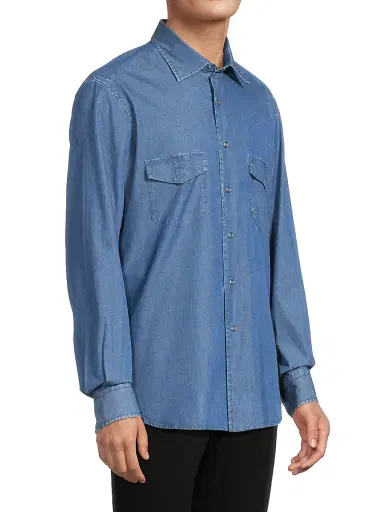Stefano Ricci Men's Cotton Chambray Snap-Front Shirt - Light Wash Blue | Thumbnail 4 Stefano Ricci Men's Cotton Chambray Snap-Front Shirt - Light Wash Blue | Thumbnail 4
