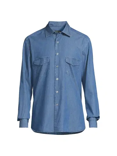 Stefano Ricci Men's Cotton Chambray Snap-Front Shirt - Light Wash Blue | Thumbnail 1 Stefano Ricci Men's Cotton Chambray Snap-Front Shirt - Light Wash Blue | Thumbnail 1