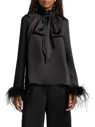 Toccin Women's Veronica Feather-Cuff Textured Satin Blouse - Jet | Thumbnail 3 Toccin Women's Veronica Feather-Cuff Textured Satin Blouse - Jet | Thumbnail 3