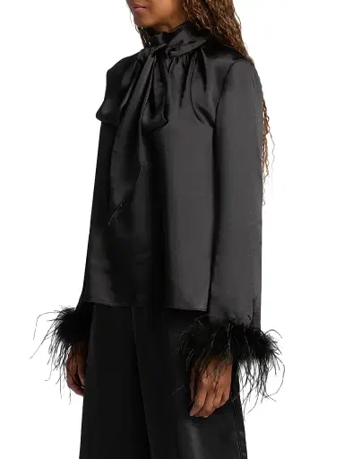 Toccin Women's Veronica Feather-Cuff Textured Satin Blouse - Jet | Thumbnail 4 Toccin Women's Veronica Feather-Cuff Textured Satin Blouse - Jet | Thumbnail 4