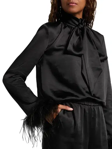 Toccin Women's Veronica Feather-Cuff Textured Satin Blouse - Jet | Thumbnail 6 Toccin Women's Veronica Feather-Cuff Textured Satin Blouse - Jet | Thumbnail 6