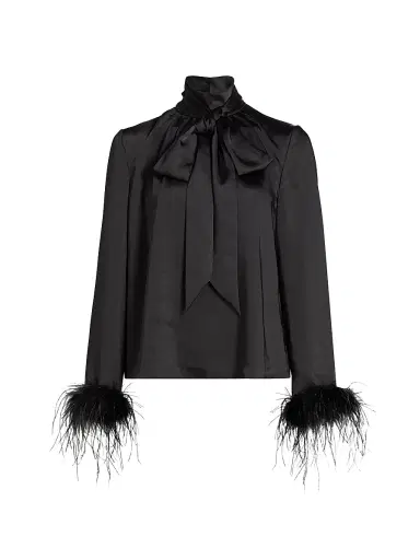 Toccin Women's Veronica Feather-Cuff Textured Satin Blouse - Jet | Thumbnail 1 Toccin Women's Veronica Feather-Cuff Textured Satin Blouse - Jet | Thumbnail 1
