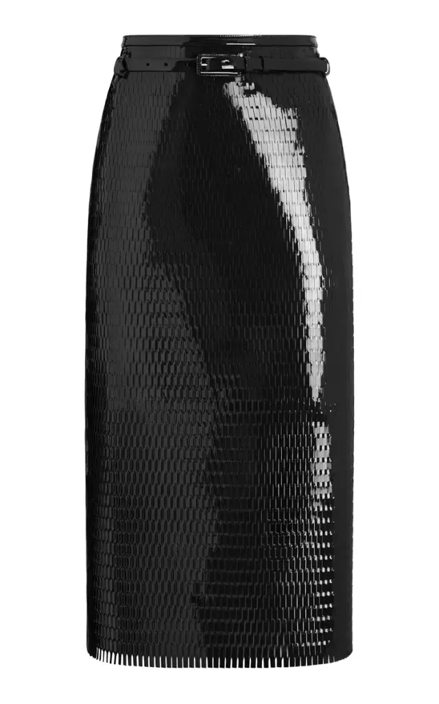 Belted Perforated Patent Leather Midi Skirt - Black Belted Perforated Patent Leather Midi Skirt - Black