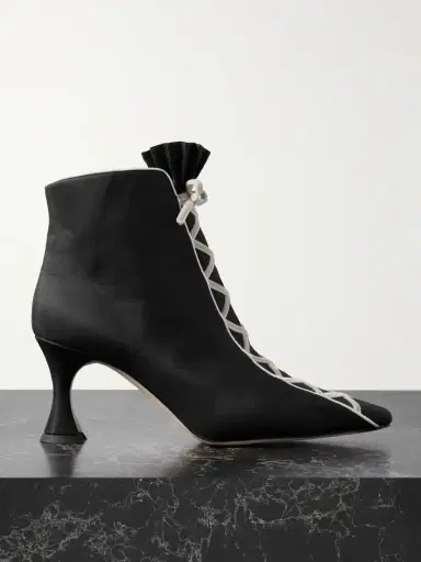 Manolo Blahnik Nolhac 70 Ruffled Velvet-trimmed Silk Ankle Boots | Thumbnail 1 Manolo Blahnik Nolhac 70 Ruffled Velvet-trimmed Silk Ankle Boots | Thumbnail 1