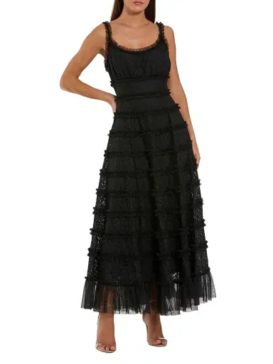 Mac Duggal Women's Ruffled Lace Midi-Dress - Black - Size 14 | Thumbnail 1 Mac Duggal Women's Ruffled Lace Midi-Dress - Black - Size 14 | Thumbnail 1