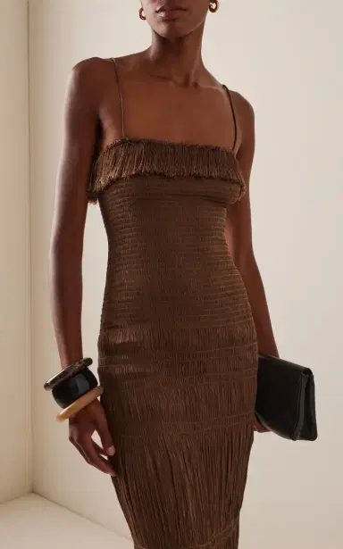 By Malene Birger Nova Fringe Smocked Satin Maxi Dress | Thumbnail 3 By Malene Birger Nova Fringe Smocked Satin Maxi Dress | Thumbnail 3