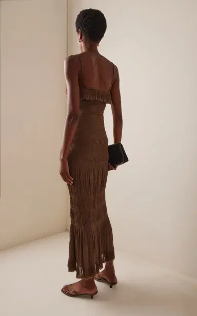 By Malene Birger Nova Fringe Smocked Satin Maxi Dress | Thumbnail 4 By Malene Birger Nova Fringe Smocked Satin Maxi Dress | Thumbnail 4