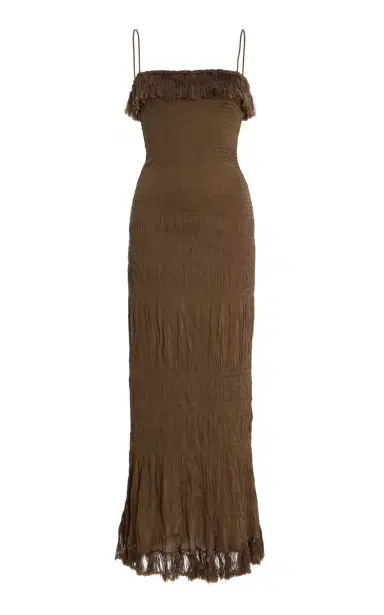 By Malene Birger Nova Fringe Smocked Satin Maxi Dress | Thumbnail 1 By Malene Birger Nova Fringe Smocked Satin Maxi Dress | Thumbnail 1