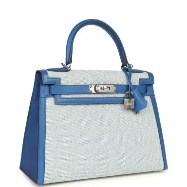 HERMÈS Pre-owned Hermes Kelly Sellier 28 Bleu France Swift and Ecru-Bleu Bill Toile H Canvas Palladium Hardware | Thumbnail 2 HERMÈS Pre-owned Hermes Kelly Sellier 28 Bleu France Swift and Ecru-Bleu Bill Toile H Canvas Palladium Hardware | Thumbnail 2