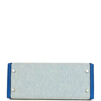 HERMÈS Pre-owned Hermes Kelly Sellier 28 Bleu France Swift and Ecru-Bleu Bill Toile H Canvas Palladium Hardware | Thumbnail 6 HERMÈS Pre-owned Hermes Kelly Sellier 28 Bleu France Swift and Ecru-Bleu Bill Toile H Canvas Palladium Hardware | Thumbnail 6