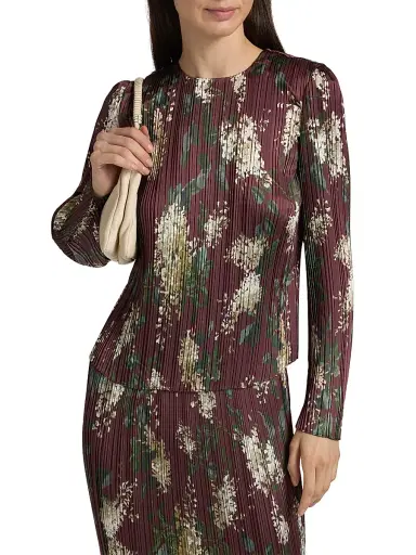 Vince Women's Floral Micro-Pleated Crewneck Top - Dark Bordeaux | Thumbnail 3 Vince Women's Floral Micro-Pleated Crewneck Top - Dark Bordeaux | Thumbnail 3