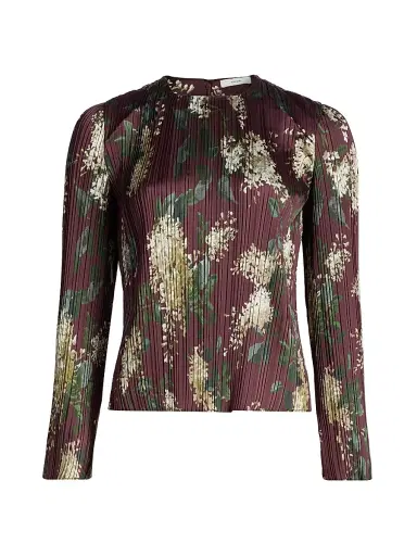 Vince Women's Floral Micro-Pleated Crewneck Top - Dark Bordeaux | Thumbnail 1 Vince Women's Floral Micro-Pleated Crewneck Top - Dark Bordeaux | Thumbnail 1