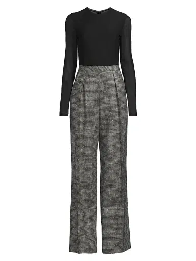 Black Halo Women's Dante Mixed Media Jumpsuit - Metallic Plaid | Thumbnail 1 Black Halo Women's Dante Mixed Media Jumpsuit - Metallic Plaid | Thumbnail 1