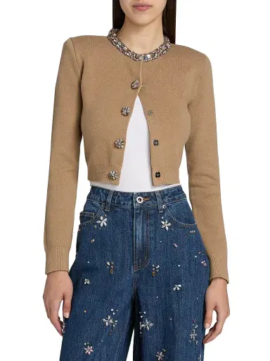 Self-Portrait Women's Embellished Crewneck Crop Cardigan - Brown | Thumbnail 3 Self-Portrait Women's Embellished Crewneck Crop Cardigan - Brown | Thumbnail 3
