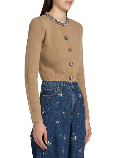 Self-Portrait Women's Embellished Crewneck Crop Cardigan - Brown | Thumbnail 4 Self-Portrait Women's Embellished Crewneck Crop Cardigan - Brown | Thumbnail 4