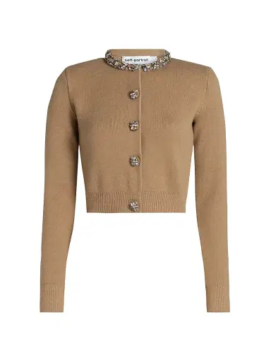 Self-Portrait Women's Embellished Crewneck Crop Cardigan - Brown | Thumbnail 1 Self-Portrait Women's Embellished Crewneck Crop Cardigan - Brown | Thumbnail 1