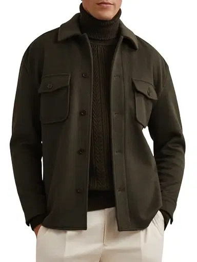 Reiss Men's Liam Wool-Blend Overshirt - Khaki Green | Thumbnail 2 Reiss Men's Liam Wool-Blend Overshirt - Khaki Green | Thumbnail 2