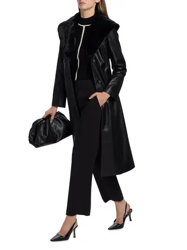 Elie Tahari Women's Veda Faux Fur-Trim Faux-Leather Tie-Waist Coat | Thumbnail 2 Elie Tahari Women's Veda Faux Fur-Trim Faux-Leather Tie-Waist Coat | Thumbnail 2