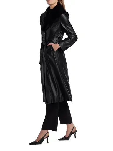 Elie Tahari Women's Veda Faux Fur-Trim Faux-Leather Tie-Waist Coat | Thumbnail 4 Elie Tahari Women's Veda Faux Fur-Trim Faux-Leather Tie-Waist Coat | Thumbnail 4