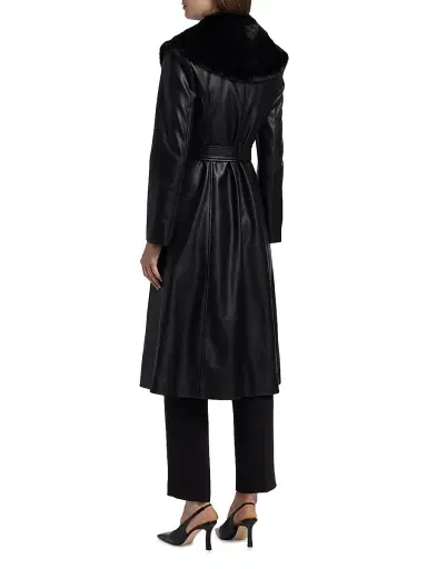 Elie Tahari Women's Veda Faux Fur-Trim Faux-Leather Tie-Waist Coat | Thumbnail 5 Elie Tahari Women's Veda Faux Fur-Trim Faux-Leather Tie-Waist Coat | Thumbnail 5