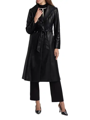 Elie Tahari Women's Veda Faux Fur-Trim Faux-Leather Tie-Waist Coat | Thumbnail 6 Elie Tahari Women's Veda Faux Fur-Trim Faux-Leather Tie-Waist Coat | Thumbnail 6